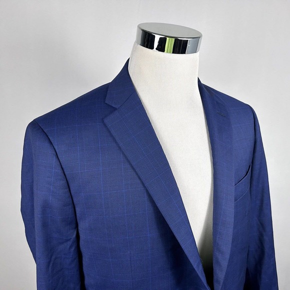 NWOT Indochino 42R Bespoke Sport Coat 100% Wool Blue Plaid Two Button Vented